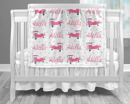 Personalized Pink Airplane Baby Name Blanket Girl
