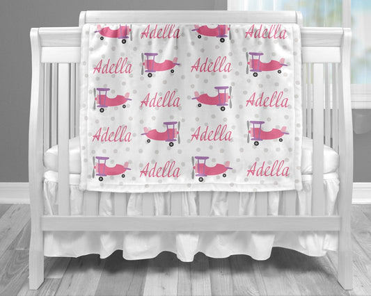 Personalized Pink Airplane Baby Name Blanket Girl