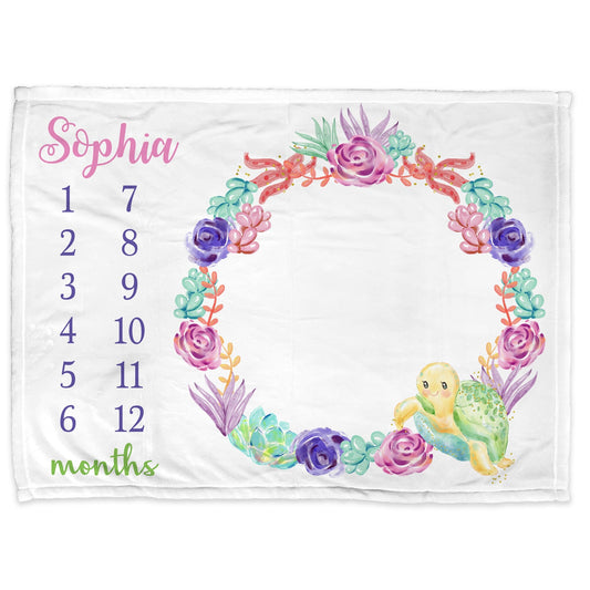 Turtle Girl Milestone Baby Blanket Personalized Baby Growth Photo Blanket