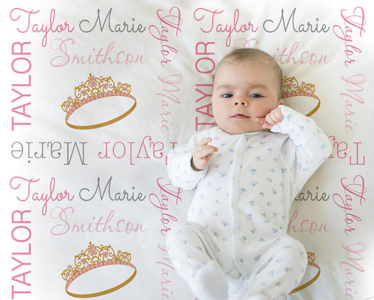 Personalized Princess Tiara Pink Baby Name Blanket Girl
