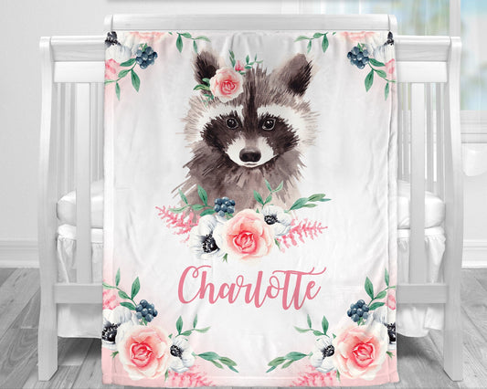 Personalized Raccoon Baby Name Blanket Girl