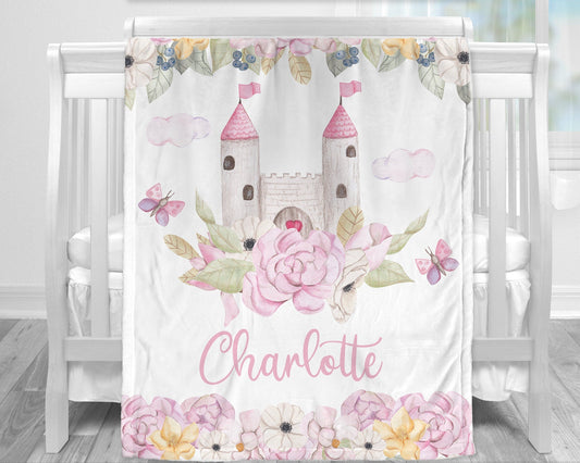 Personalized Princess Castle Baby Name Blanket Girl