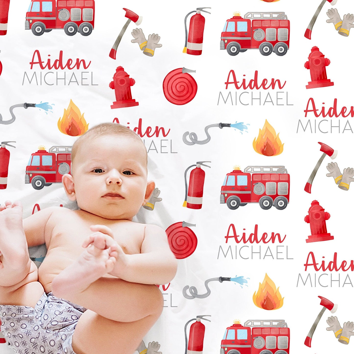 Personalized Firetruck Baby Name Blanket Boy