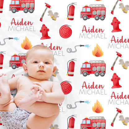 Personalized Firetruck Baby Name Blanket Boy