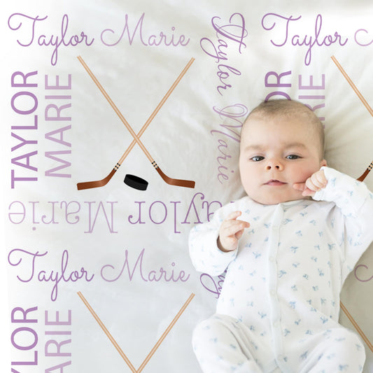 Personalized Hockey Sports Baby Name Blanket Girl Purple