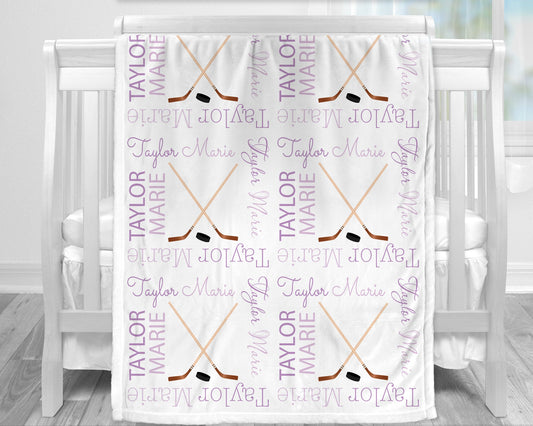 Personalized Hockey Sports Baby Name Blanket Girl Purple