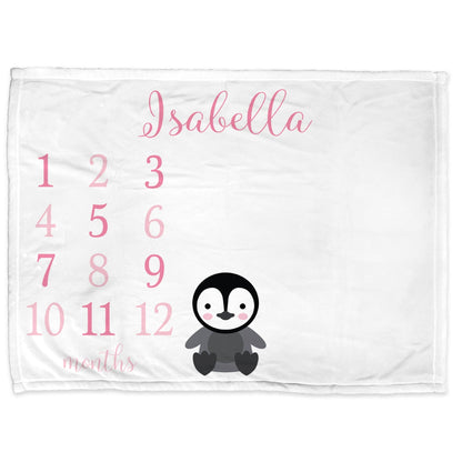 Penguin Milestone Baby Blanket Personalized Girl Pink Baby Growth Photo Blanket