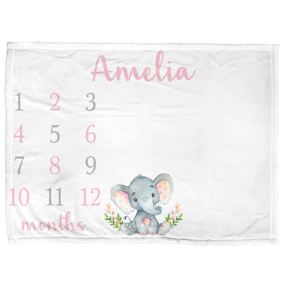 Elephant Pink Flowers Milestone Baby Blanket Personalized Baby Growth Photo Blanket