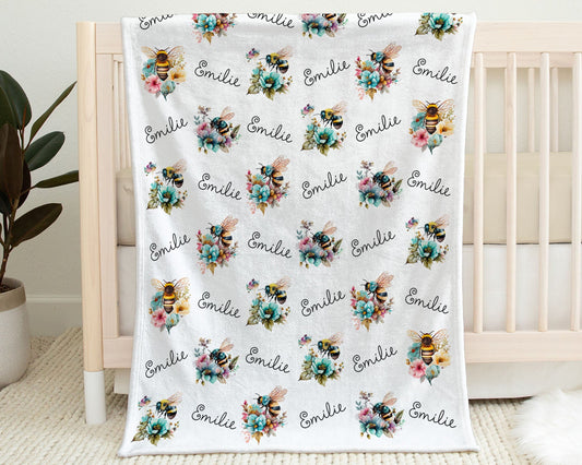 Personalized Bee Flowers Baby Name Blanket