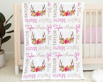 Personalized Floral deer antler Baby Name Blanket , girl