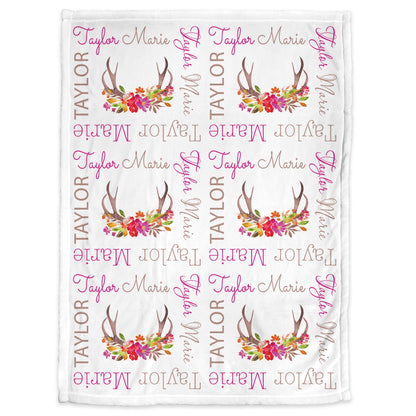Personalized Floral deer antler Baby Name Blanket , girl