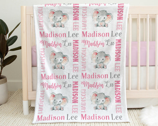 Personalized Elephant Baby Name Blanket Girl Pink