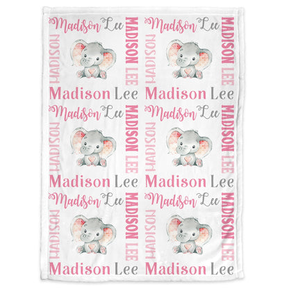 Personalized Elephant Baby Name Blanket Girl Pink