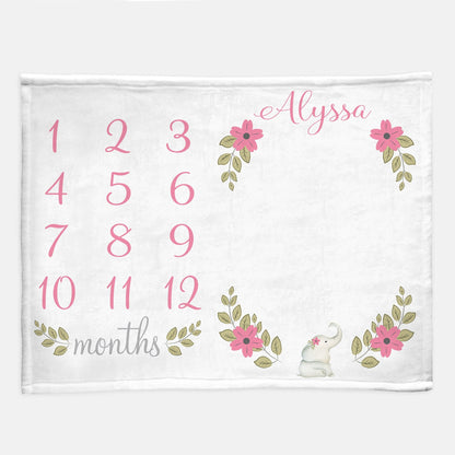 Elephant Flowers Milestone Baby Blanket Personalized Girl Baby Growth Photo Blanket
