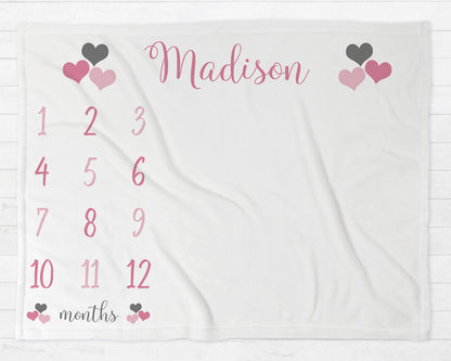 Pink Hearts Milestone Baby Blanket Personalized Baby Growth Photo Blanket