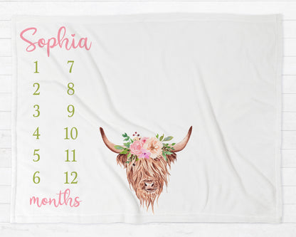 Highland Cow Flowers Milestone Baby Blanket Personalized Baby Growth Photo Blanket