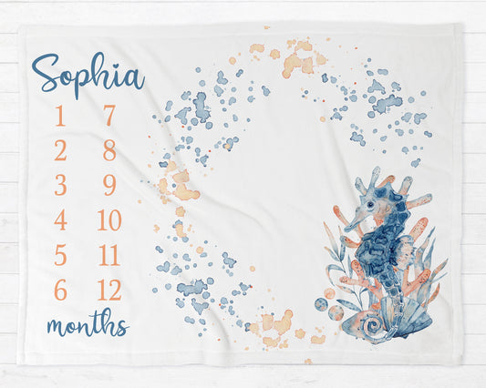 Sea Horse Milestone Baby Blanket Personalized Baby Growth Photo Blanket