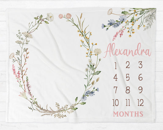 Wildflowers Milestone Baby Blanket Personalized Girl Baby Growth Photo Blanket