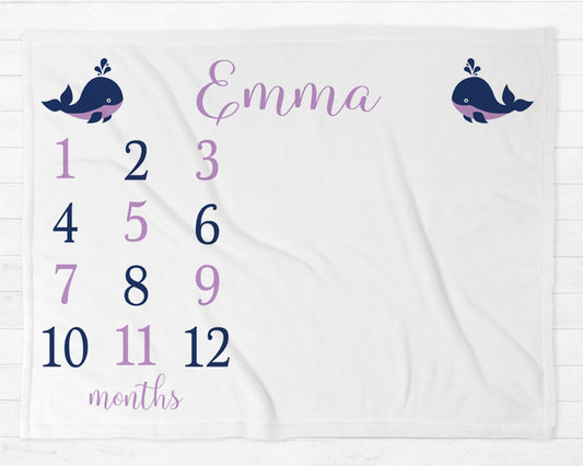 Whale Milestone Baby Blanket Personalized Purple Girl Baby Growth Photo Blanket