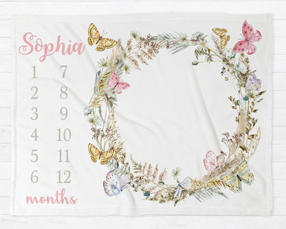 Butterflies Wildflowers Milestone Baby Blanket Personalized Baby Growth Photo Blanket