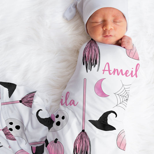 Personalized Jersey Halloween Girls Swaddle Baby Name Blanket, Pink