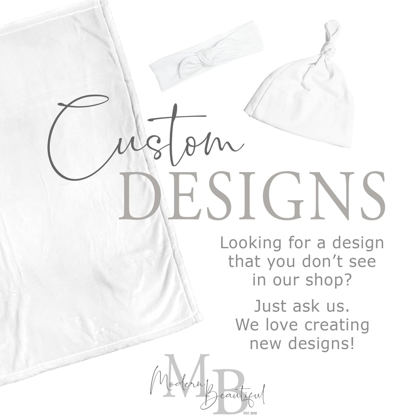 a white towel and a white hat with the words custom designs looking for a design