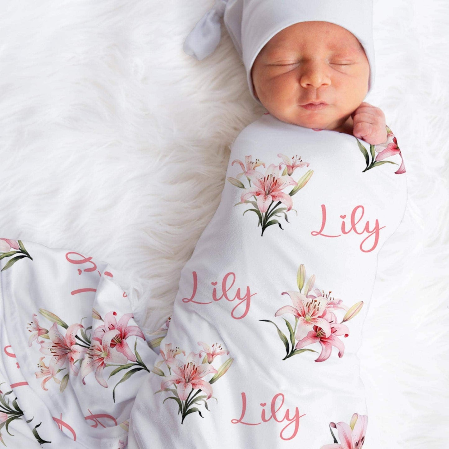 Personalized Jersey Floral Lily Girls Swaddle Baby Name Blanket