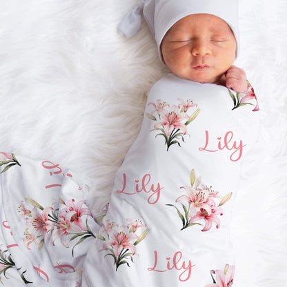 Personalized Jersey Floral Lily Girls Swaddle Baby Name Blanket