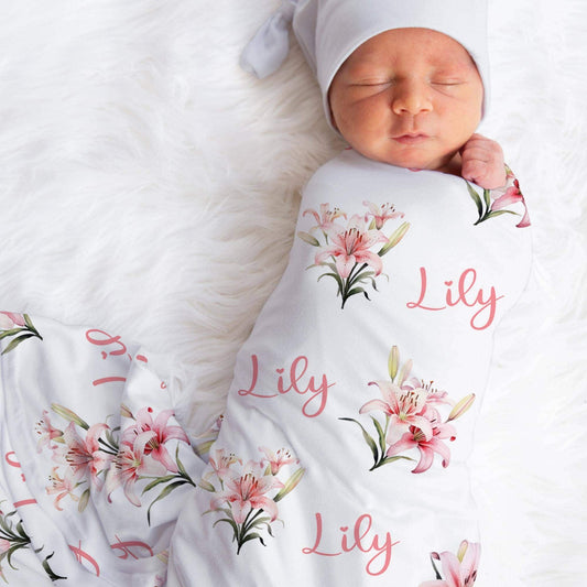 Personalized Jersey Floral Lily Girls Swaddle Baby Name Blanket