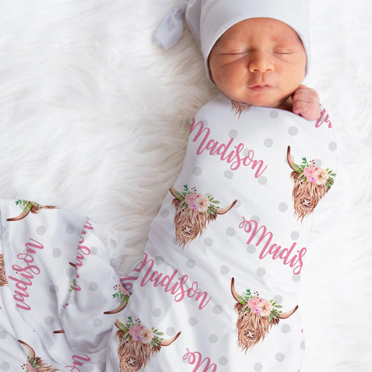 Personalized Jersey Highland Cow Pink Girls Baby Name Blanket