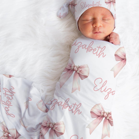 Personalized Jersey Pink Bow Girls Coquette Swaddle Baby Name Blanket