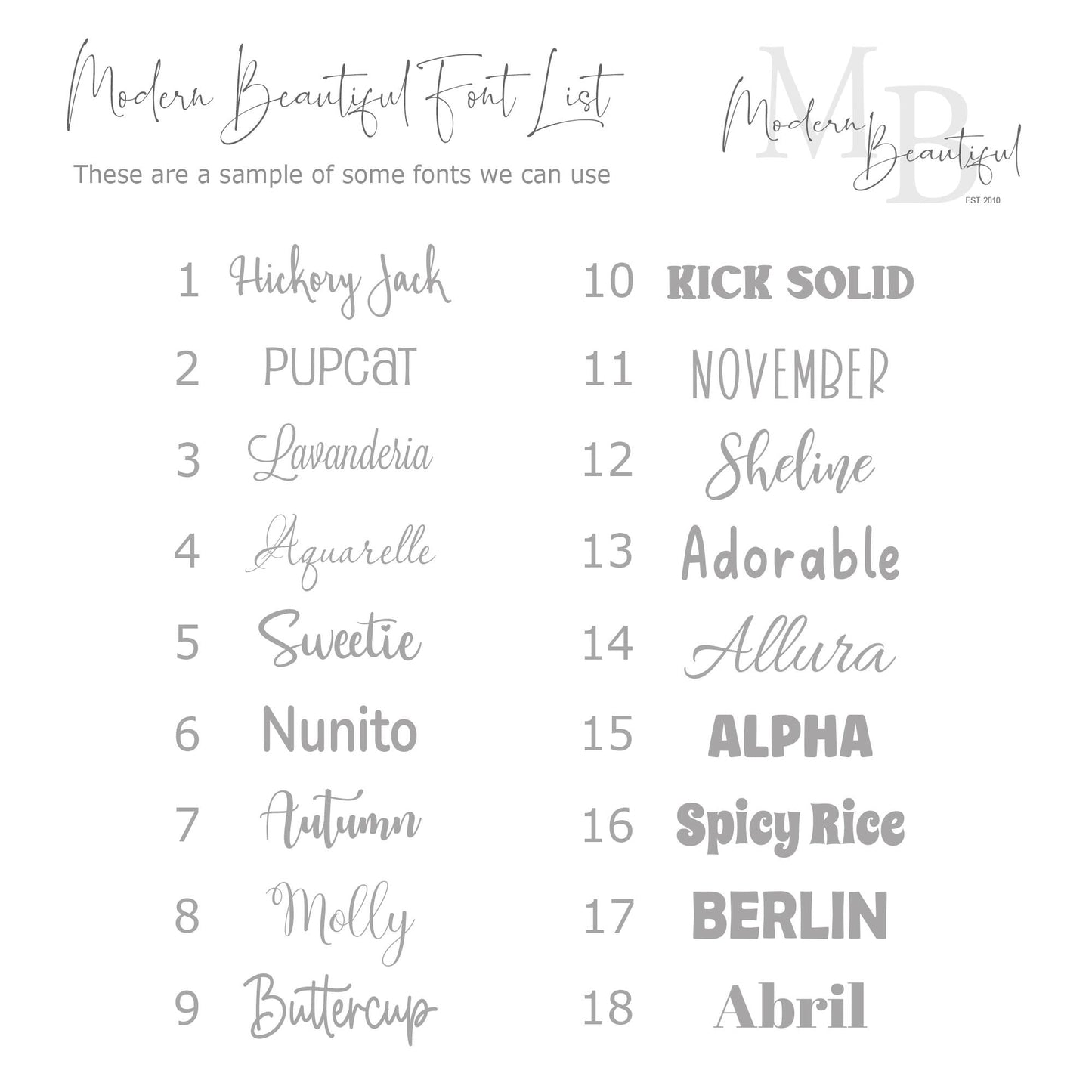 a list of font and numbers for a wedding