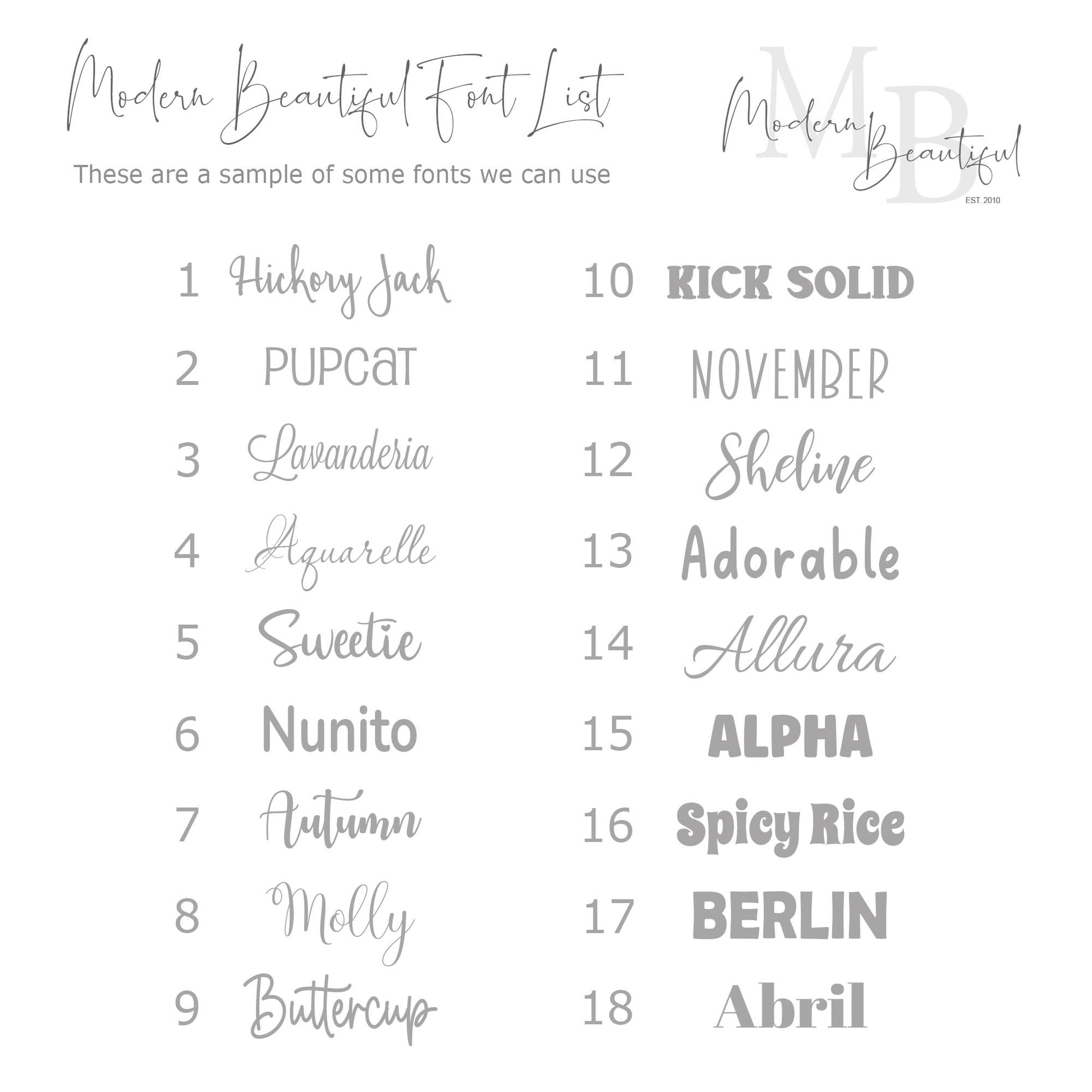 a list of font and numbers for a wedding