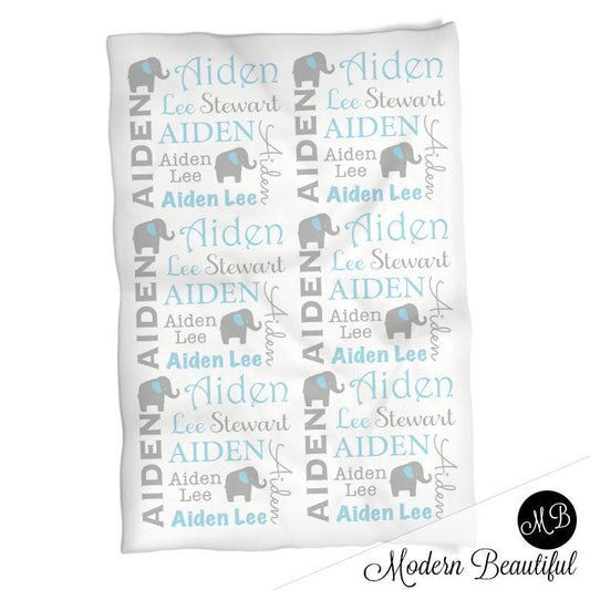 Personalized Elephant Baby Name Blanket Boy Blue