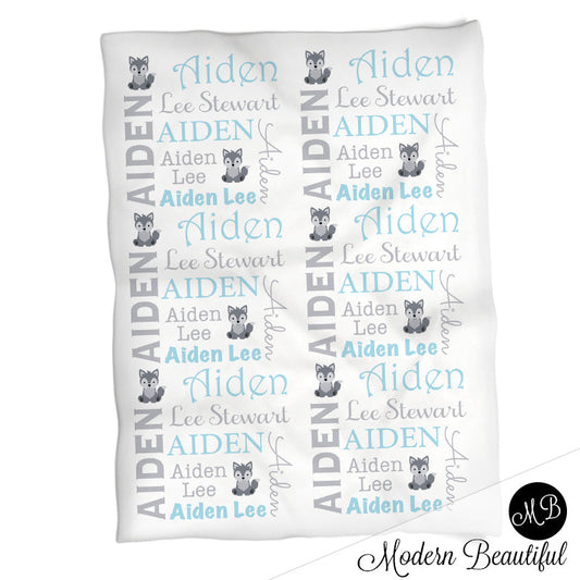 Personalized Wolf Baby Name Blanket Boy Blue
