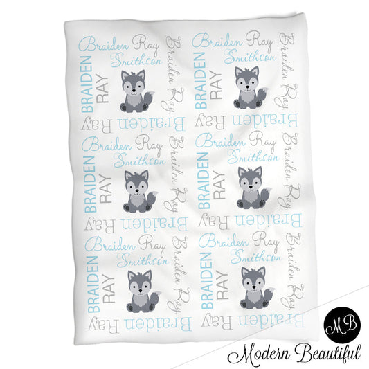 Personalized Wolf Baby Name Blanket Boy