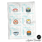 Cute kawaii sushi baby name blanket, aqua and gray, sushi baby blanket baby swaddling blankets, baby girl or boy, baby name blanket, baby shower gift, (CHOOSE COLORS)