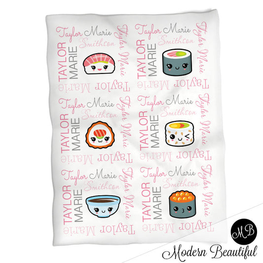 Cute kawaii sushi baby name blanket, pink and gray sushi swaddling blankets, baby girl kawaii blanket, sushi name blanket, sushi baby shower gift, (CHOOSE COLORS)