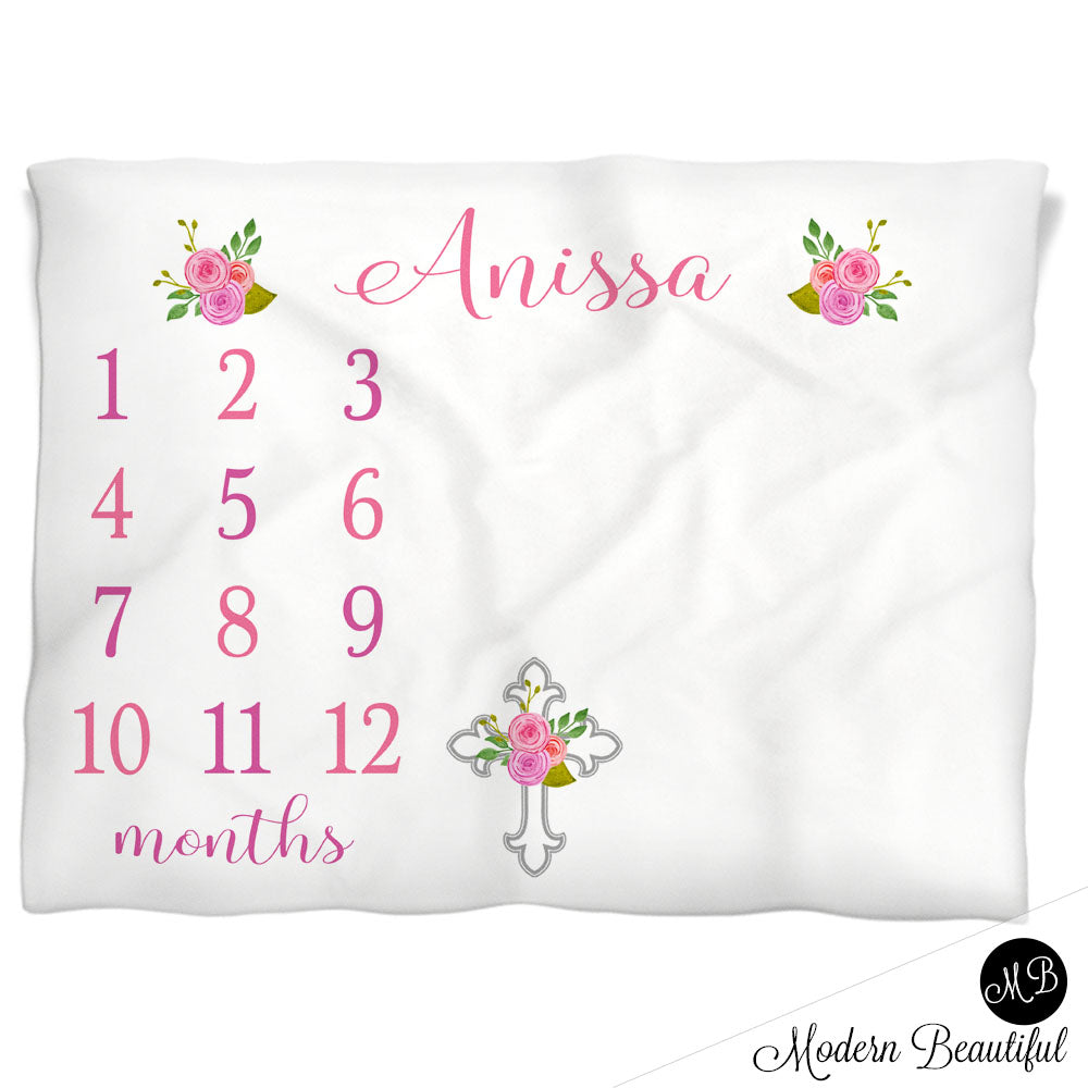 Cross Monthly Milestone Blanket Pink
