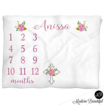Cross Monthly Milestone Blanket Pink