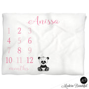 Pink panda bear girl baby blanket, panda personalized growth baby gift, monthly milestone blanket, personalized photo prop blanket - choose your colors
