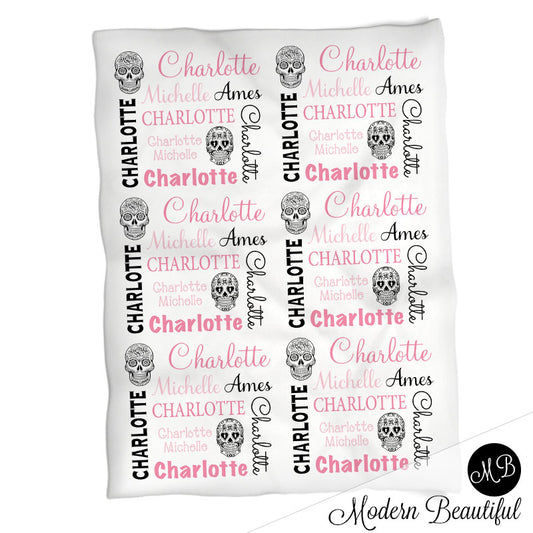 Baby girl sugar skull name blanket, beach swaddling blanket, baby girl skull blanket, sugar skull blanket, sugar skull baby shower gift, (CHOOSE COLORS)