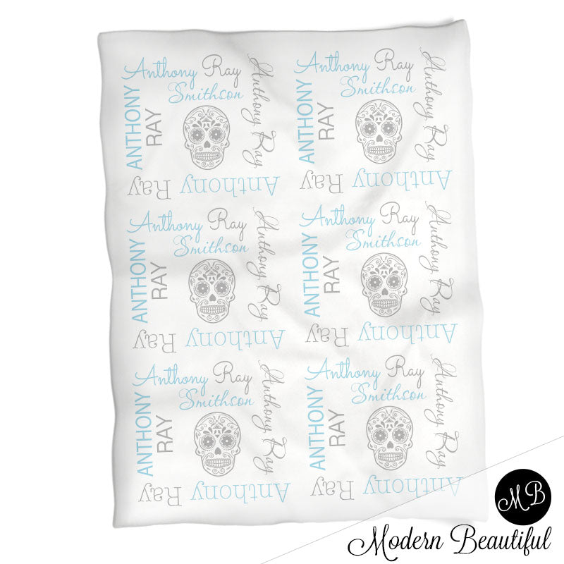 Sugar Skull Name Blanket in blue and gray for boy, skull personalized baby gift, baby boy blanket, blanket, personalized blanket, photo prop, choose colors