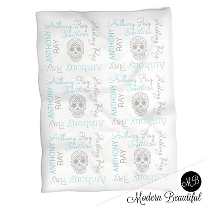 Sugar Skull Name Blanket in blue and gray for boy, skull personalized baby gift, baby boy blanket, blanket, personalized blanket, photo prop, choose colors