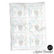 Sugar Skull Name Blanket in blue and gray for boy, skull personalized baby gift, baby boy blanket, blanket, personalized blanket, photo prop, choose colors