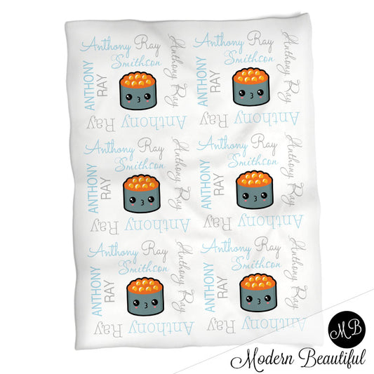 Cute kawaii sushi baby name blanket, blue and gray, sushi baby blanket baby swaddling blankets, baby girl or boy, baby name blanket, baby shower gift, (CHOOSE COLORS)