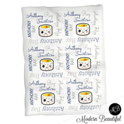 Cute kawaii sushi baby name blanket, navy and gray, sushi baby blanket baby swaddling blankets, baby girl or boy, baby name blanket, baby shower gift, (CHOOSE COLORS)