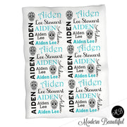 Sugar Skull Name Blanket in teal and gray for boy, skull personalized baby gift, baby boy blanket, blanket, personalized blanket, photo prop, choose colors