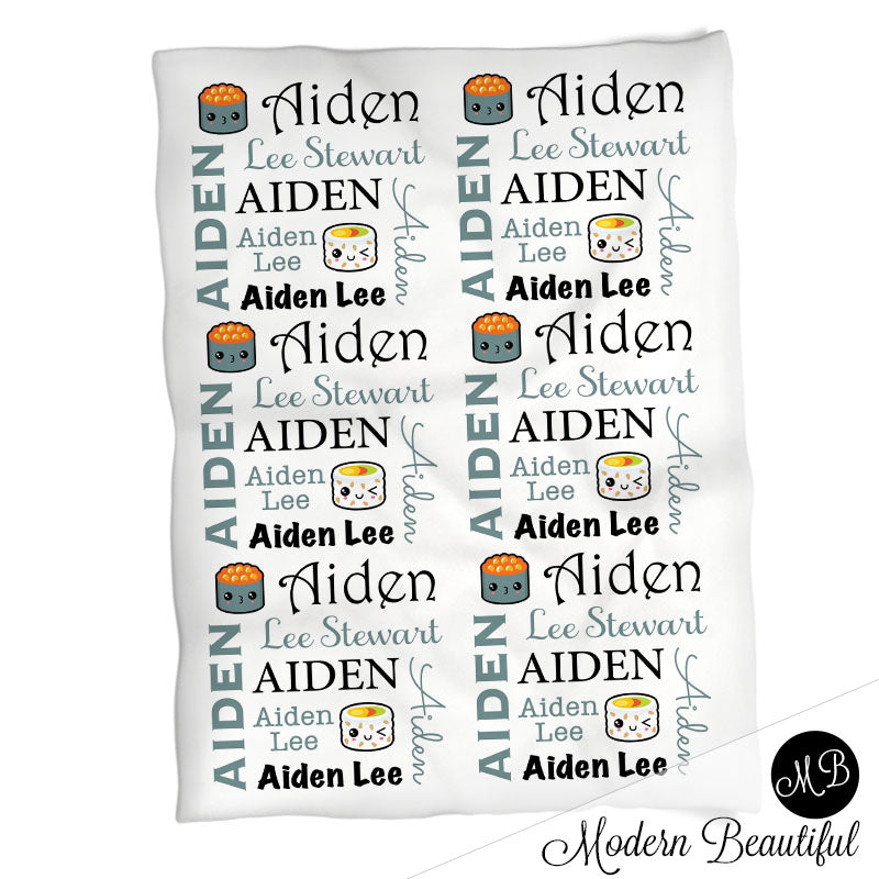 Cute kawaii sushi baby name blanket, black and gray, sushi baby blanket baby swaddling blankets, baby girl or boy, baby name blanket, baby shower gift, (CHOOSE COLORS)