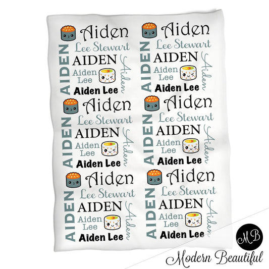 Cute kawaii sushi baby name blanket, black and gray, sushi baby blanket baby swaddling blankets, baby girl or boy, baby name blanket, baby shower gift, (CHOOSE COLORS)